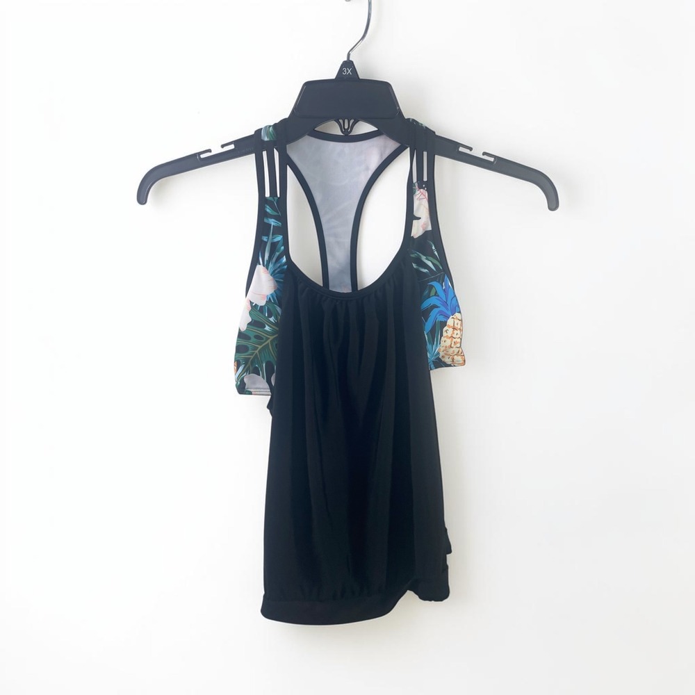 Tropical Floral Strappy Racerback Tankini Top Black Size Small